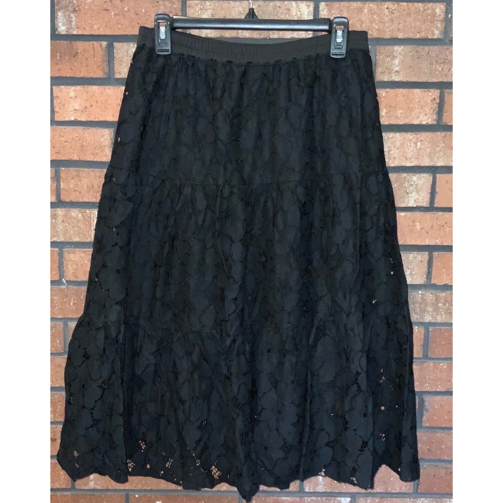 Linea by Louis Dell'Olio Black Floral Lace Tiered Midi Skirt Size SP